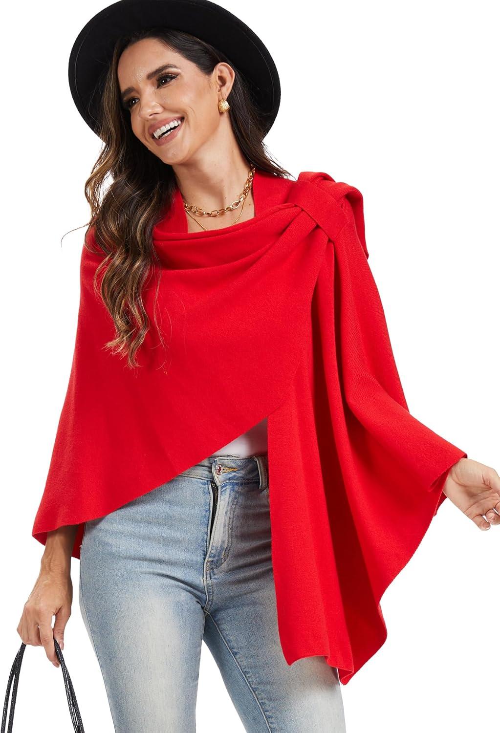 imageMoss Rose Womens Large Cross Front Poncho Sweater Wrap Topper Knitted Elegant Shawls Cape for Fall WinterAred