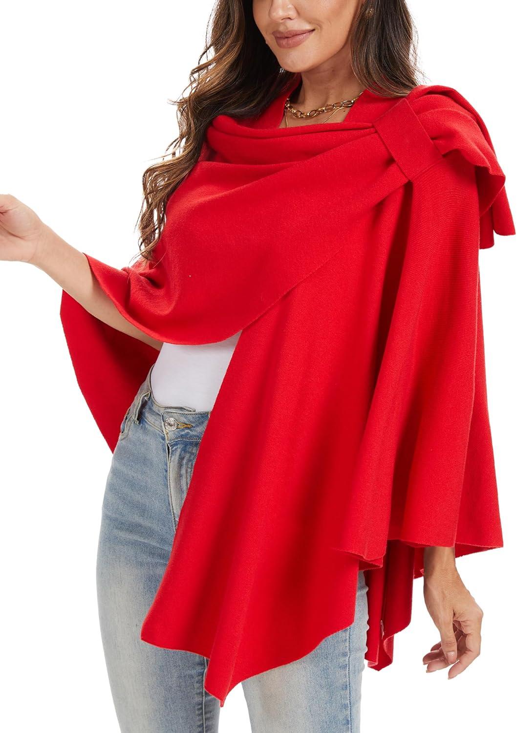 imageMoss Rose Womens Large Cross Front Poncho Sweater Wrap Topper Knitted Elegant Shawls Cape for Fall WinterAred