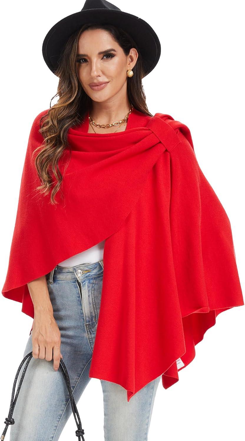 imageMoss Rose Womens Large Cross Front Poncho Sweater Wrap Topper Knitted Elegant Shawls Cape for Fall WinterAred