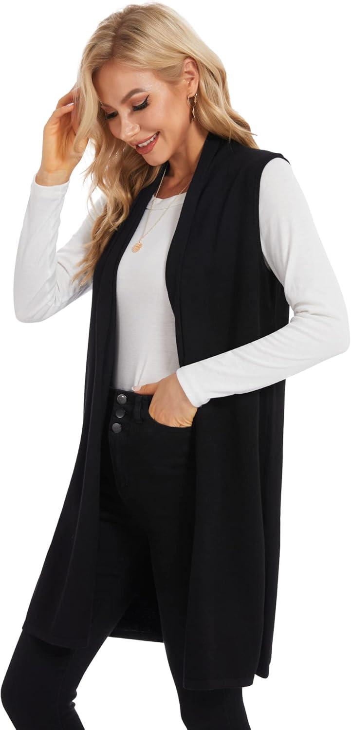 imageMoss Rose Womens Long Knit Cardigan Vest Casual Sleeveless Open Front Draped Duster Vest Available in Plus SizeBlack