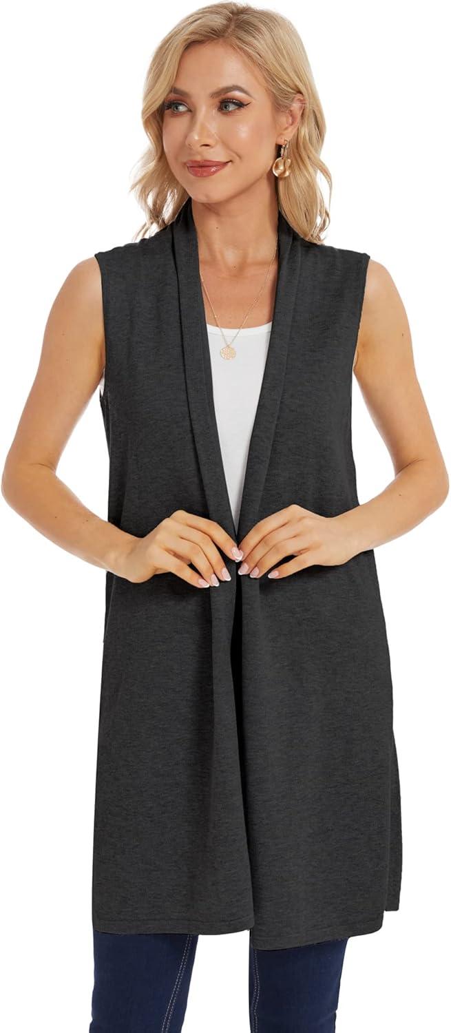 imageMoss Rose Womens Long Knit Cardigan Vest Casual Sleeveless Open Front Draped Duster Vest Available in Plus SizeDark Gray