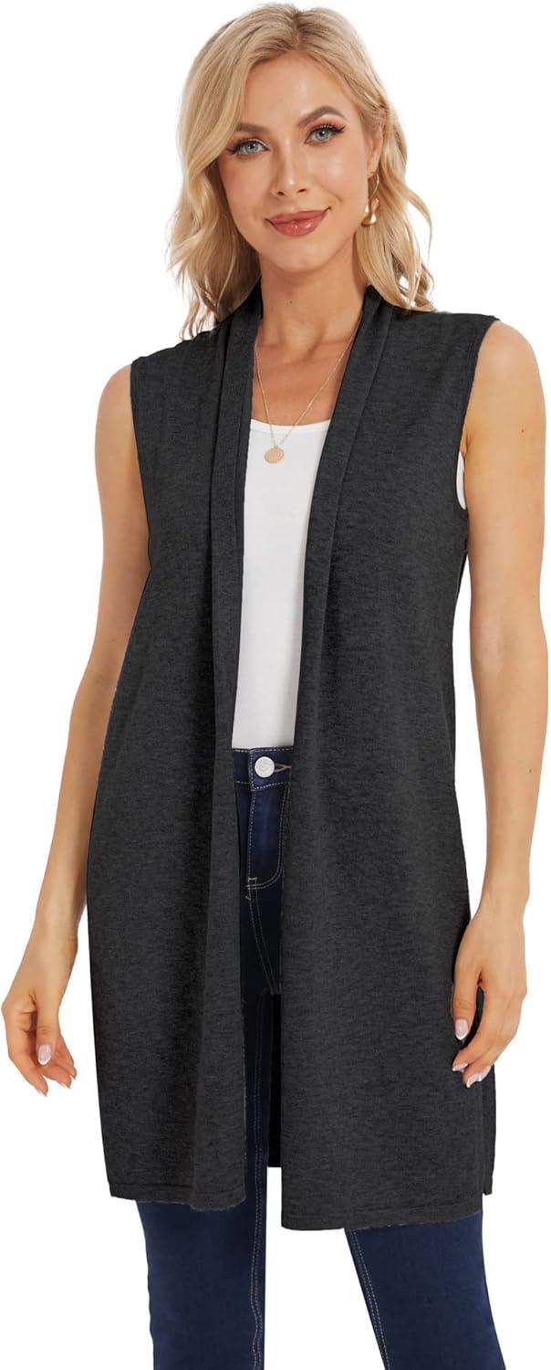 imageMoss Rose Womens Long Knit Cardigan Vest Casual Sleeveless Open Front Draped Duster Vest Available in Plus SizeDark Gray
