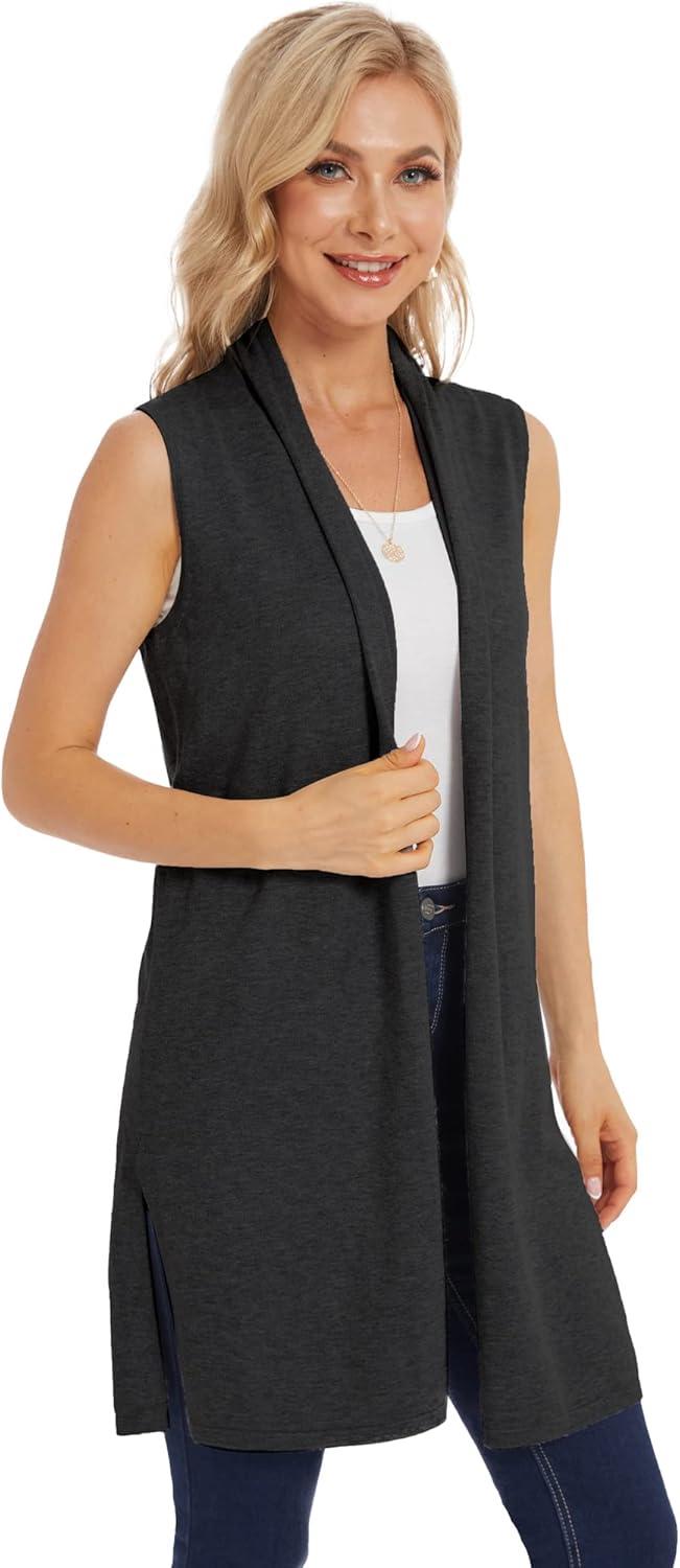 imageMoss Rose Womens Long Knit Cardigan Vest Casual Sleeveless Open Front Draped Duster Vest Available in Plus SizeDark Gray