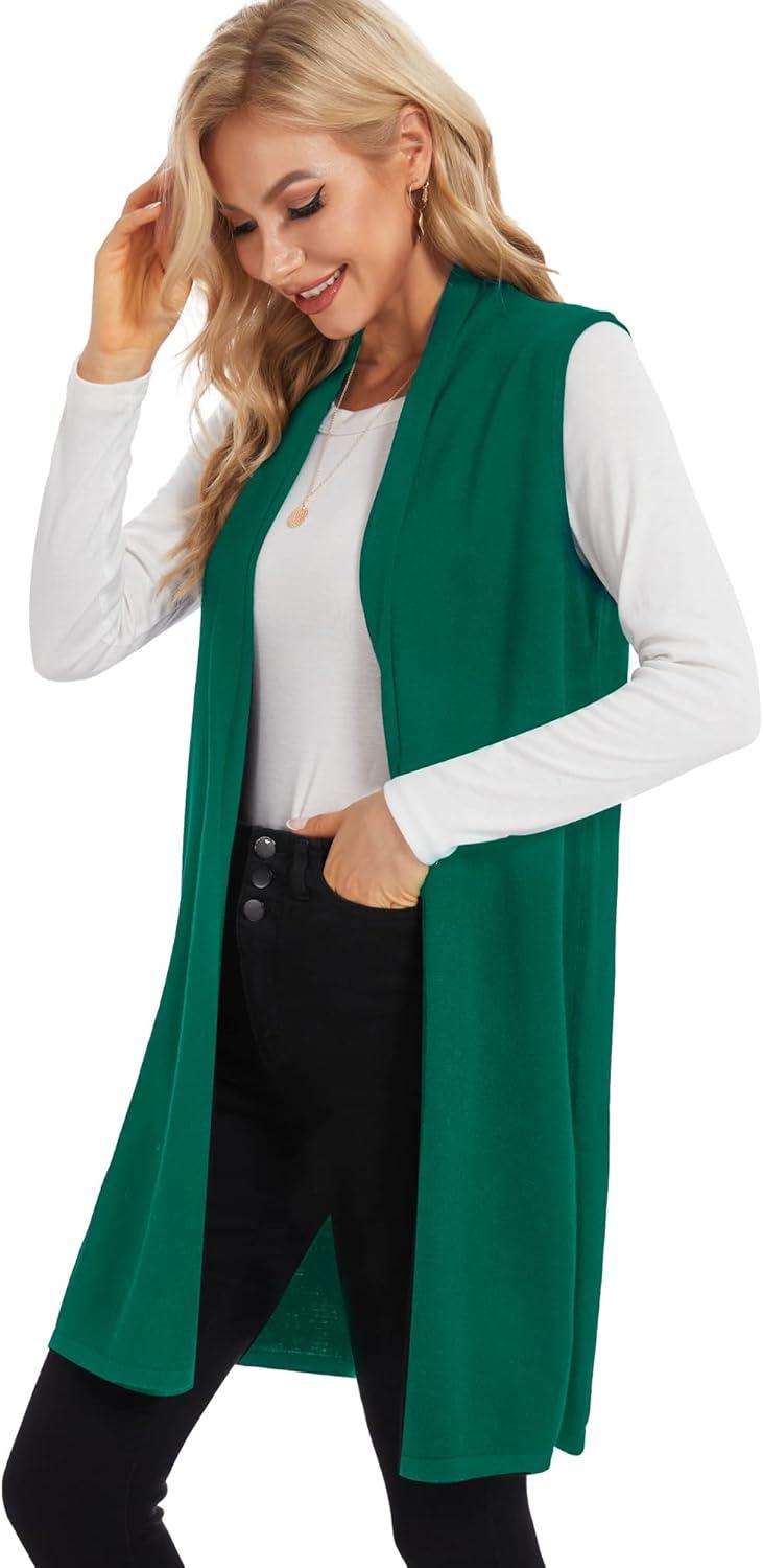 imageMoss Rose Womens Long Knit Cardigan Vest Casual Sleeveless Open Front Draped Duster Vest Available in Plus SizeGreen