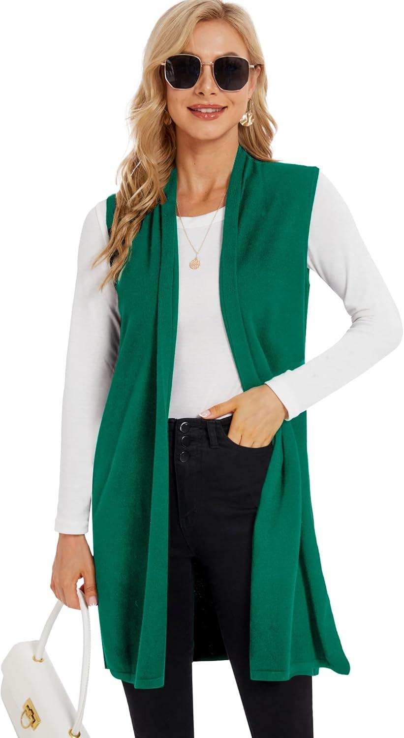 imageMoss Rose Womens Long Knit Cardigan Vest Casual Sleeveless Open Front Draped Duster Vest Available in Plus SizeGreen