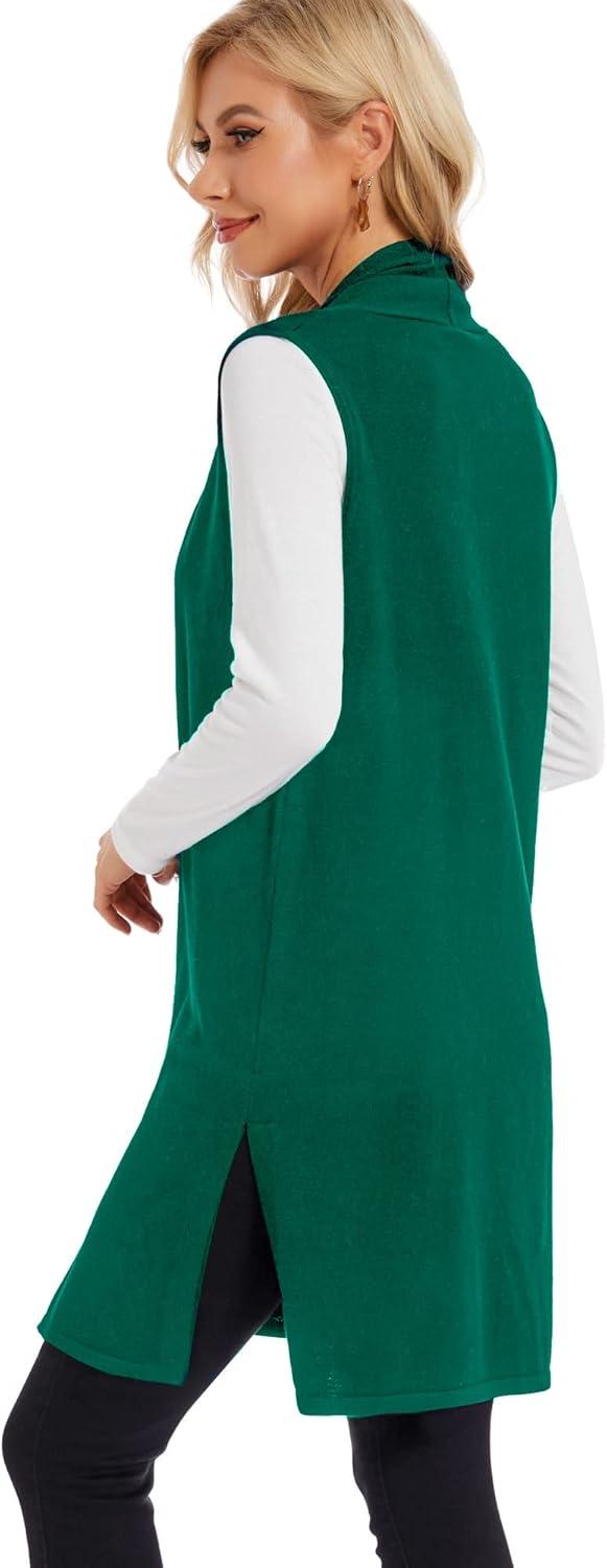 imageMoss Rose Womens Long Knit Cardigan Vest Casual Sleeveless Open Front Draped Duster Vest Available in Plus SizeGreen
