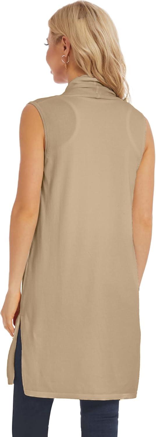 imageMoss Rose Womens Long Knit Cardigan Vest Casual Sleeveless Open Front Draped Duster Vest Available in Plus SizeKhaki