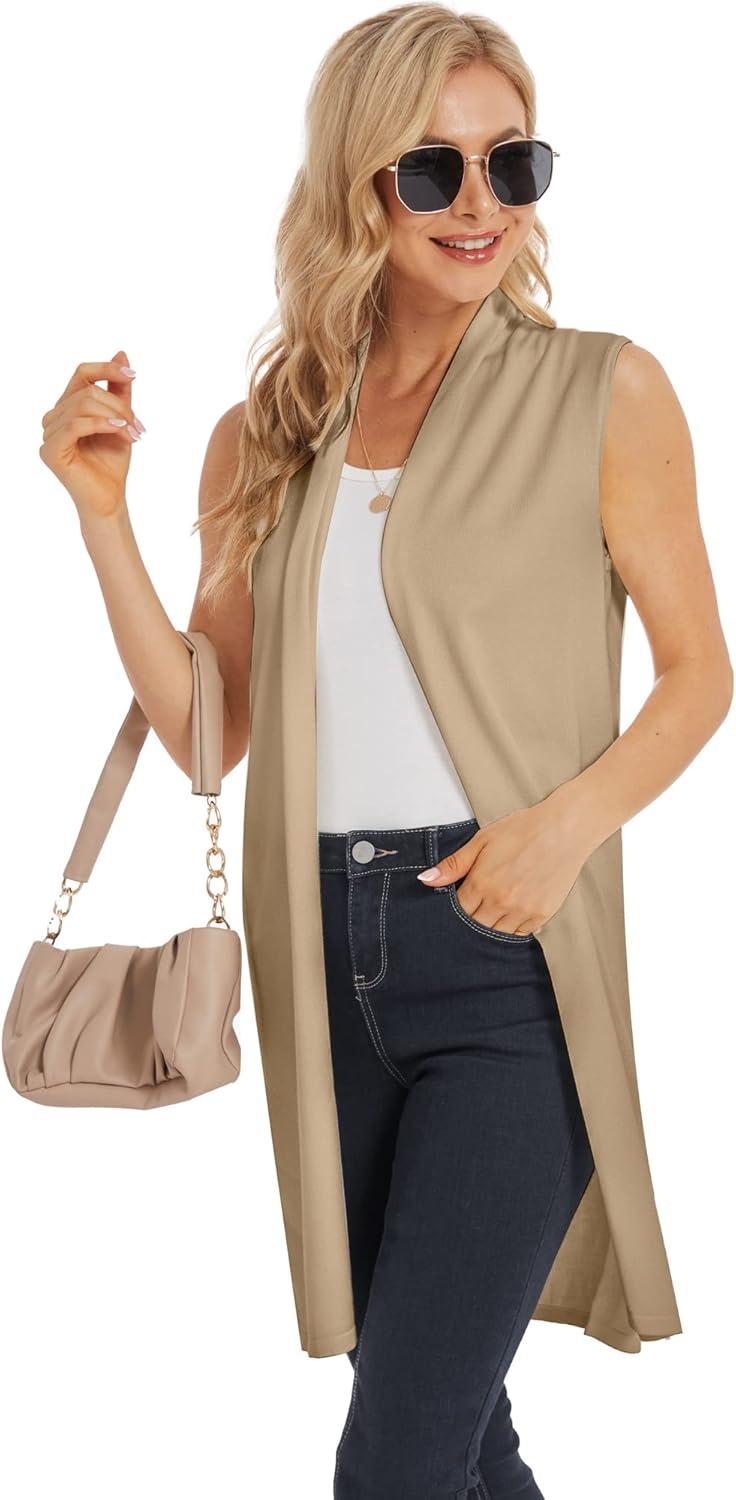 imageMoss Rose Womens Long Knit Cardigan Vest Casual Sleeveless Open Front Draped Duster Vest Available in Plus SizeKhaki