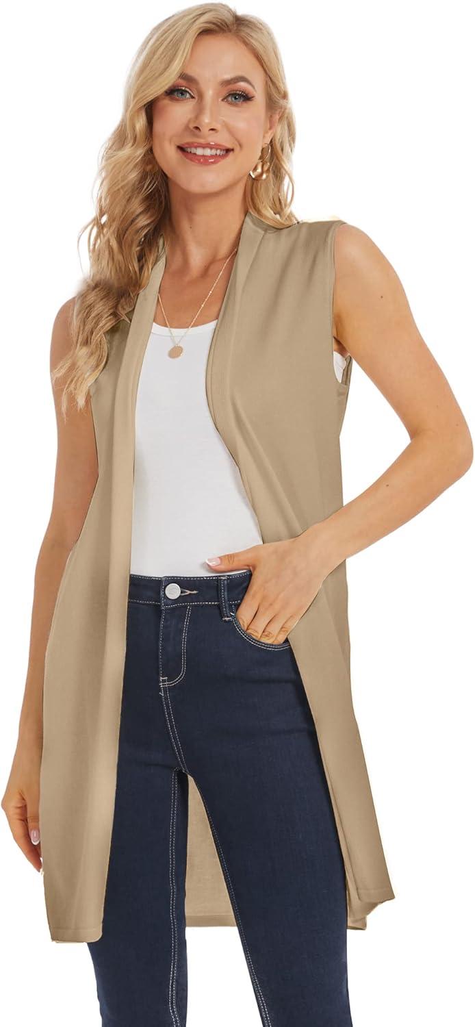 imageMoss Rose Womens Long Knit Cardigan Vest Casual Sleeveless Open Front Draped Duster Vest Available in Plus SizeKhaki