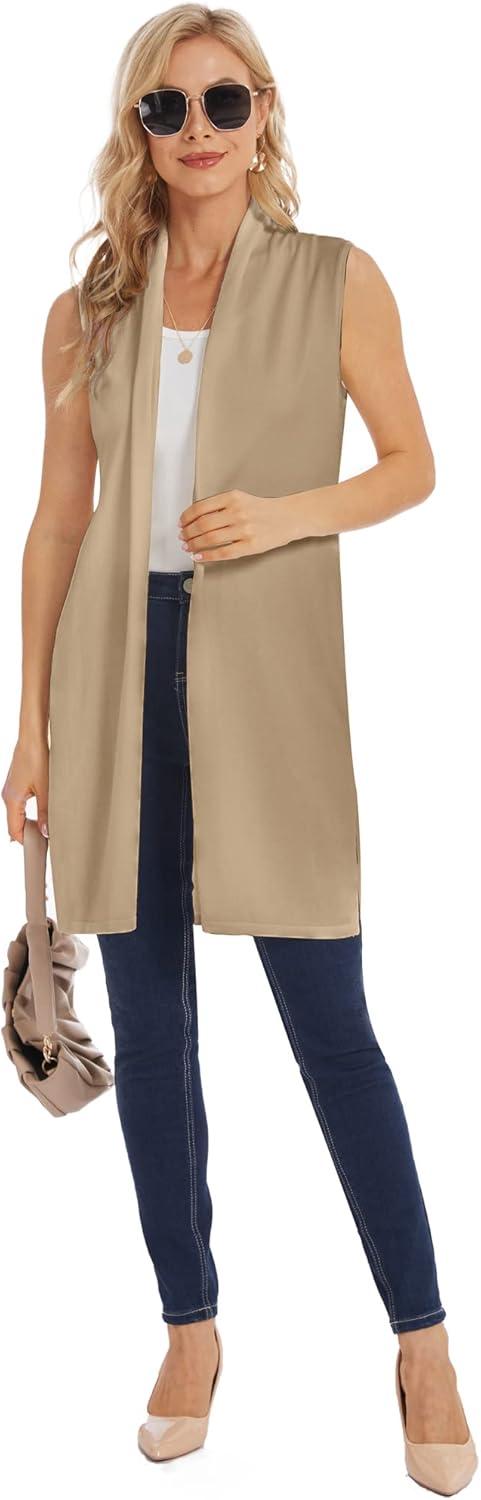 imageMoss Rose Womens Long Knit Cardigan Vest Casual Sleeveless Open Front Draped Duster Vest Available in Plus SizeKhaki
