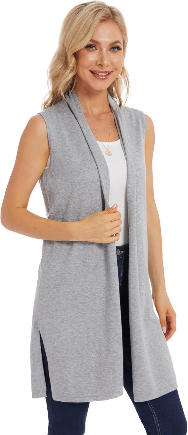 imageMoss Rose Womens Long Knit Cardigan Vest Casual Sleeveless Open Front Draped Duster Vest Available in Plus SizeLight Gray