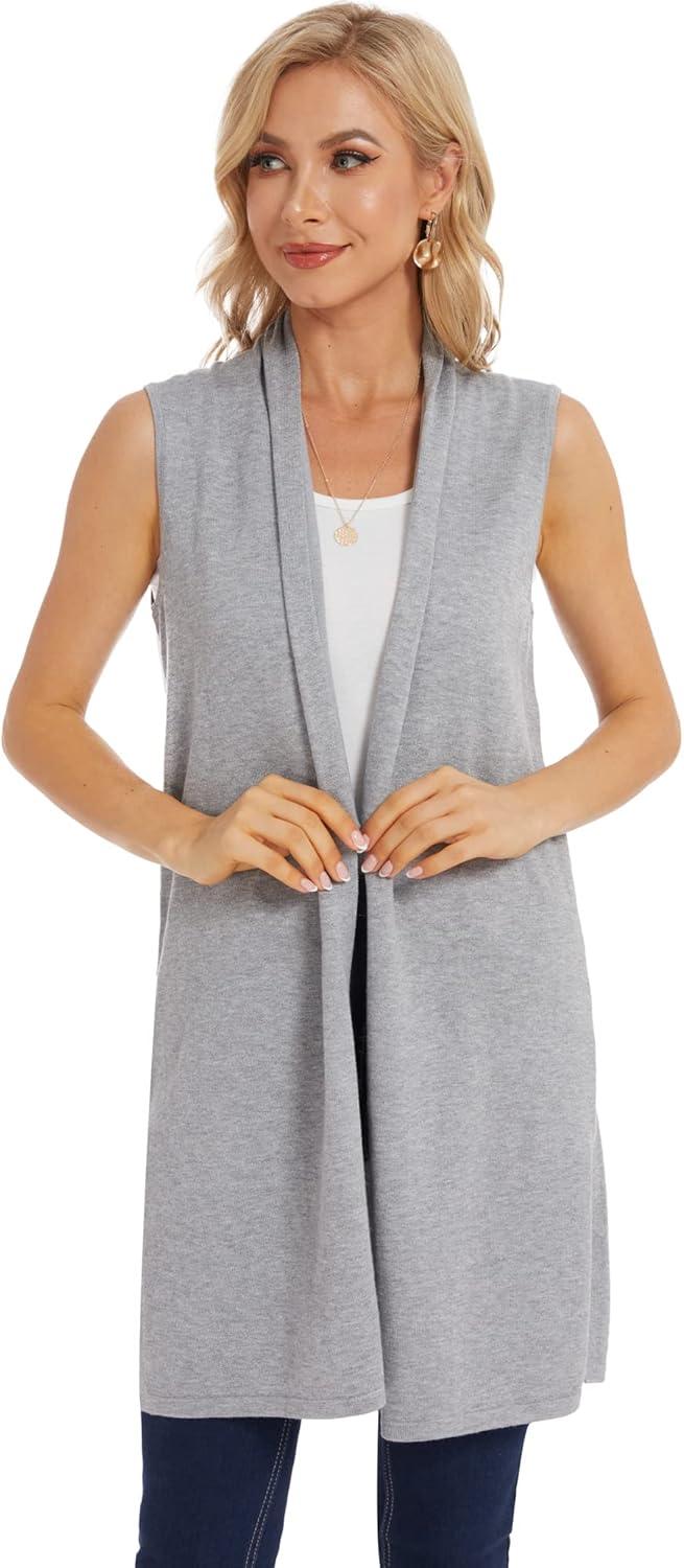 imageMoss Rose Womens Long Knit Cardigan Vest Casual Sleeveless Open Front Draped Duster Vest Available in Plus SizeLight Gray
