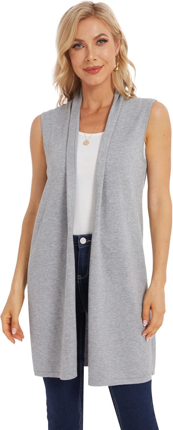 imageMoss Rose Womens Long Knit Cardigan Vest Casual Sleeveless Open Front Draped Duster Vest Available in Plus SizeLight Gray