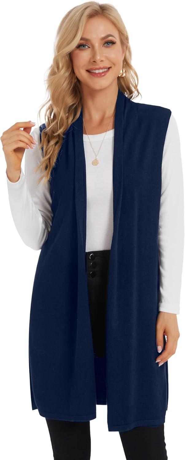 imageMoss Rose Womens Long Knit Cardigan Vest Casual Sleeveless Open Front Draped Duster Vest Available in Plus SizeNavy