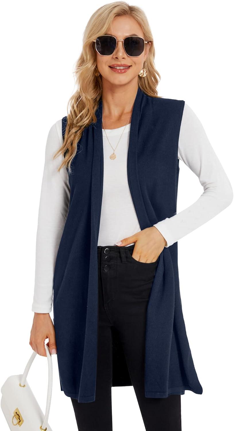 imageMoss Rose Womens Long Knit Cardigan Vest Casual Sleeveless Open Front Draped Duster Vest Available in Plus SizeNavy