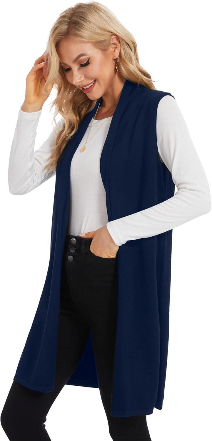 imageMoss Rose Womens Long Knit Cardigan Vest Casual Sleeveless Open Front Draped Duster Vest Available in Plus SizeNavy
