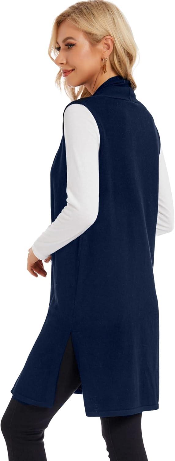 imageMoss Rose Womens Long Knit Cardigan Vest Casual Sleeveless Open Front Draped Duster Vest Available in Plus SizeNavy