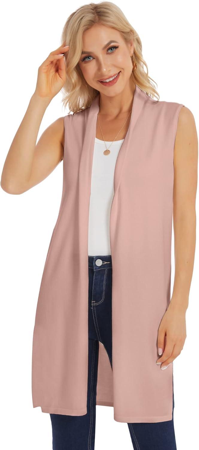 imageMoss Rose Womens Long Knit Cardigan Vest Casual Sleeveless Open Front Draped Duster Vest Available in Plus SizePink
