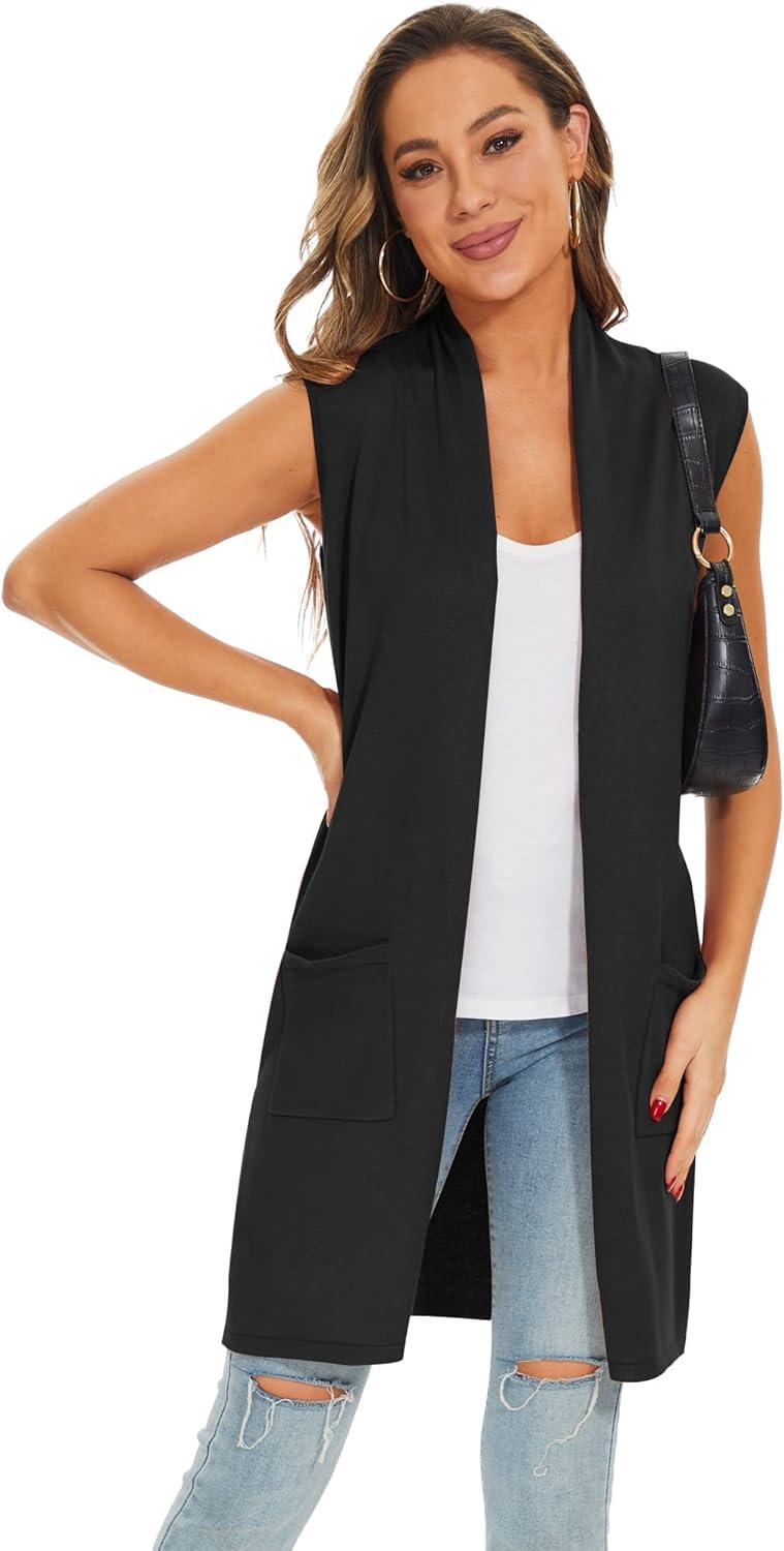 imageMoss Rose Womens Long Knit Cardigan Vest Casual Sleeveless Open Front Draped Duster Vest Available in Plus SizePocketblack