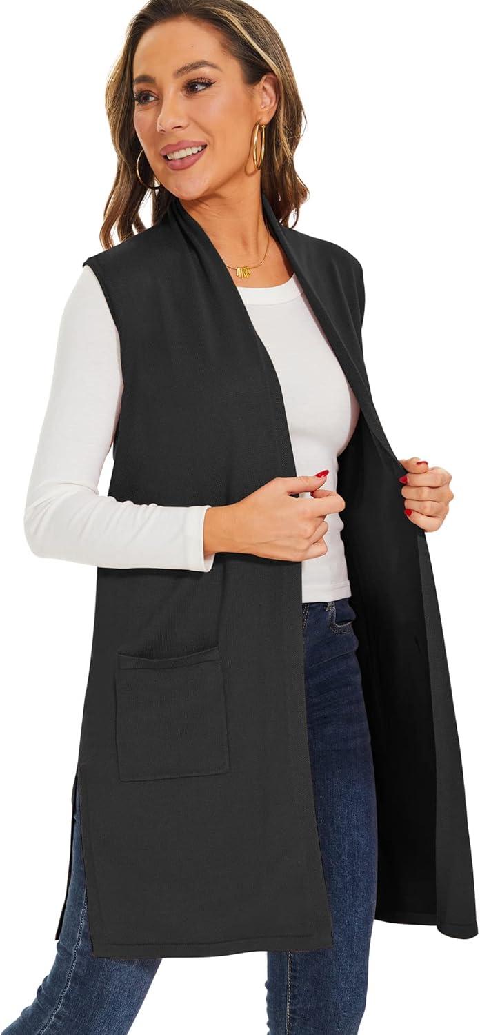 imageMoss Rose Womens Long Knit Cardigan Vest Casual Sleeveless Open Front Draped Duster Vest Available in Plus SizePocketblack