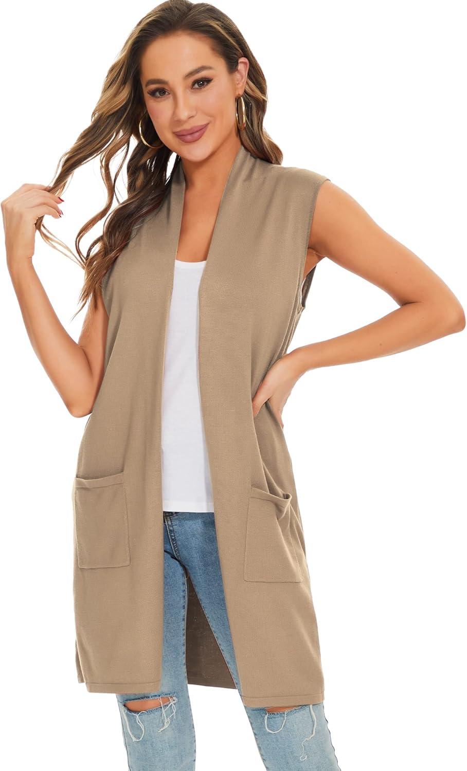 imageMoss Rose Womens Long Knit Cardigan Vest Casual Sleeveless Open Front Draped Duster Vest Available in Plus SizePocketkhaki