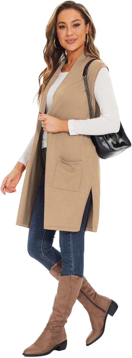 imageMoss Rose Womens Long Knit Cardigan Vest Casual Sleeveless Open Front Draped Duster Vest Available in Plus SizePocketkhaki