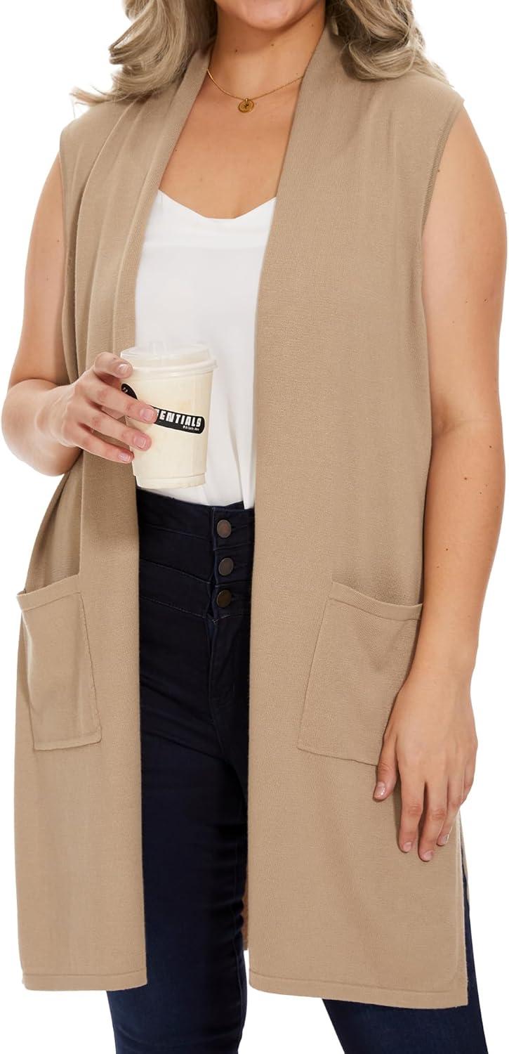 imageMoss Rose Womens Long Knit Cardigan Vest Casual Sleeveless Open Front Draped Duster Vest Available in Plus SizePocketkhaki