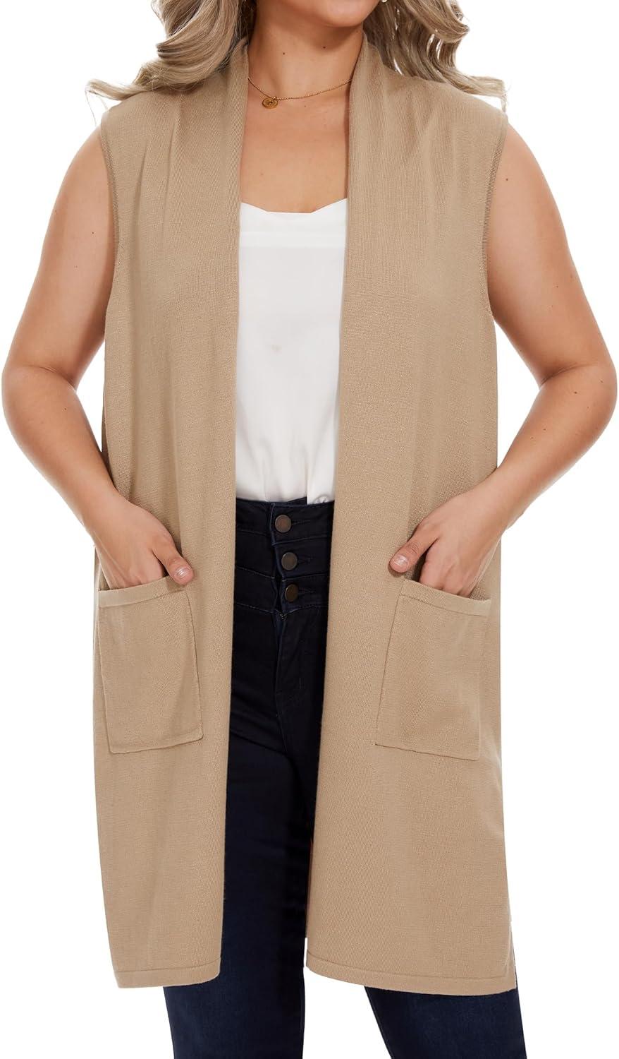 imageMoss Rose Womens Long Knit Cardigan Vest Casual Sleeveless Open Front Draped Duster Vest Available in Plus SizePocketkhaki
