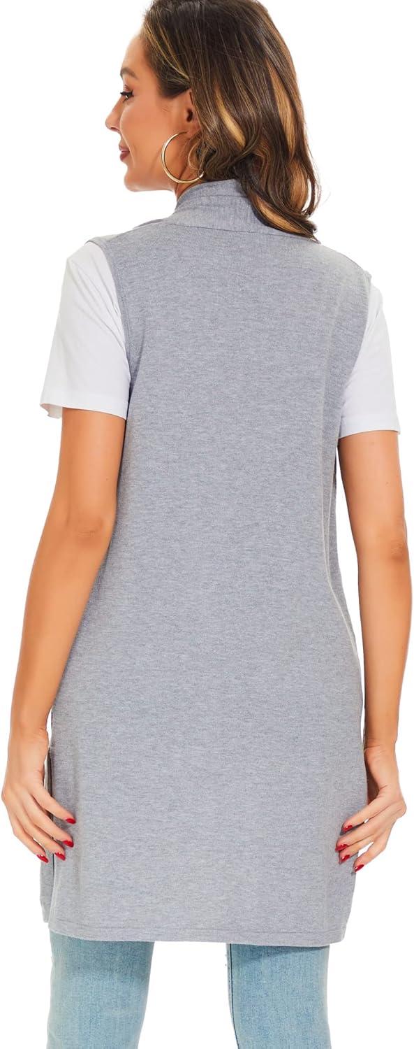 imageMoss Rose Womens Long Knit Cardigan Vest Casual Sleeveless Open Front Draped Duster Vest Available in Plus SizePocketlight Gray