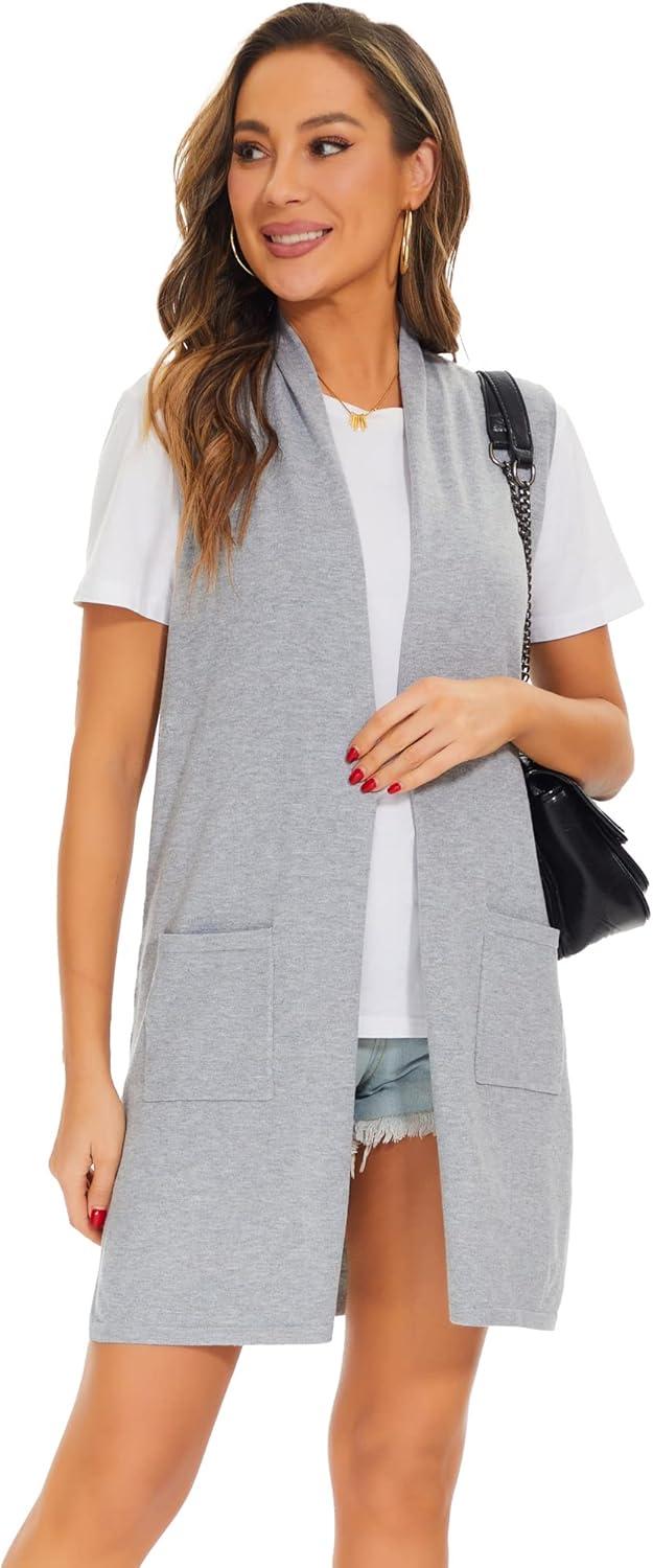 imageMoss Rose Womens Long Knit Cardigan Vest Casual Sleeveless Open Front Draped Duster Vest Available in Plus SizePocketlight Gray
