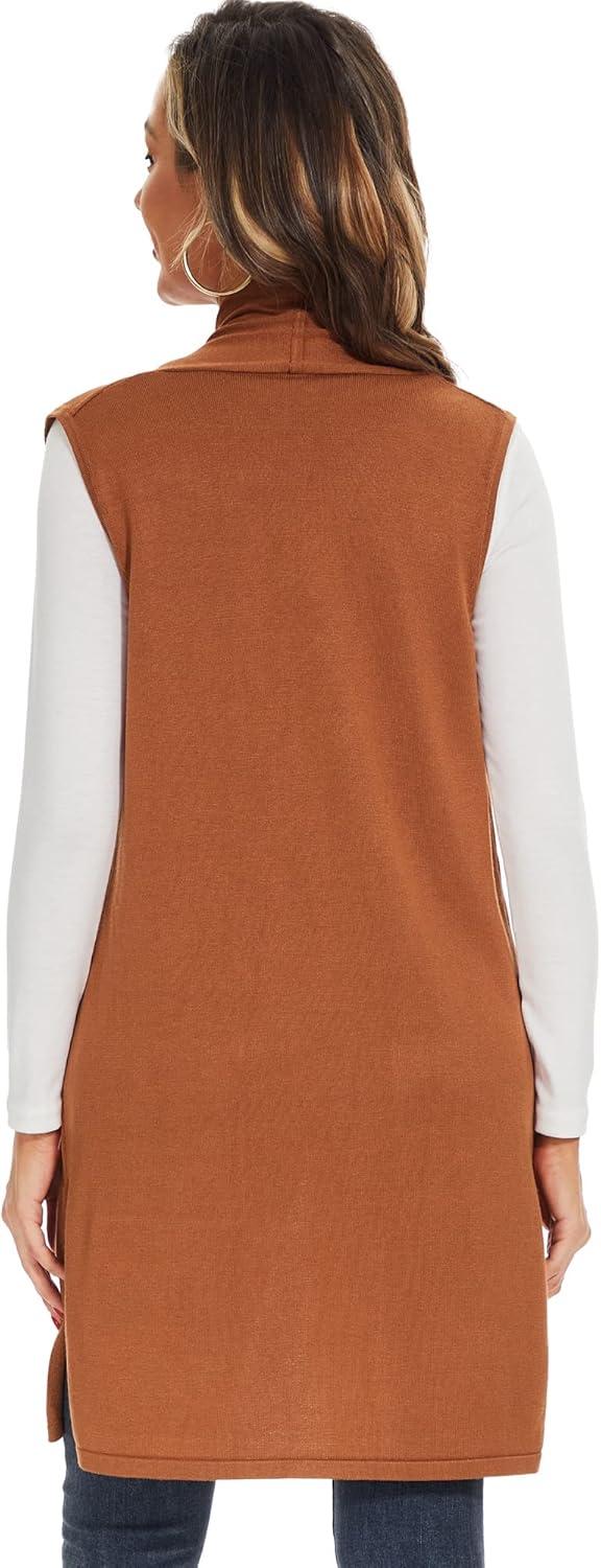 imageMoss Rose Womens Long Knit Cardigan Vest Casual Sleeveless Open Front Draped Duster Vest Available in Plus SizePocketorange