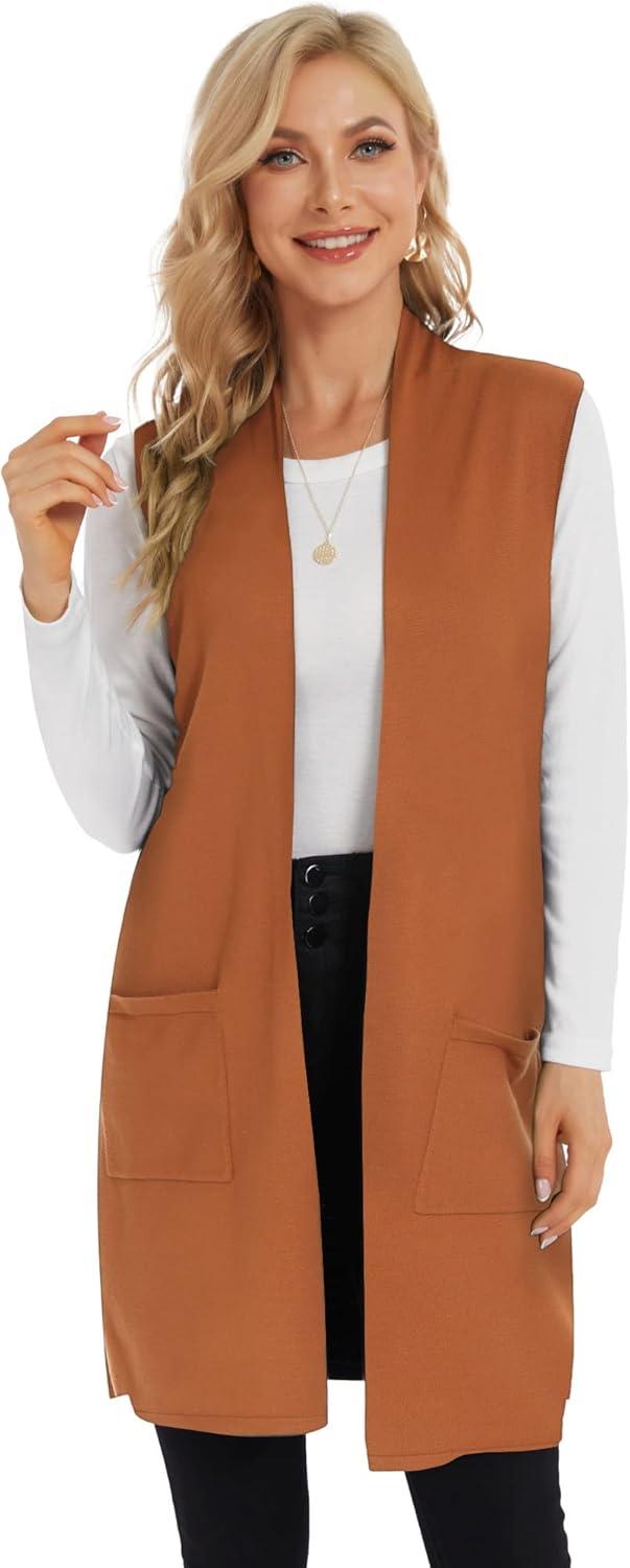imageMoss Rose Womens Long Knit Cardigan Vest Casual Sleeveless Open Front Draped Duster Vest Available in Plus SizePocketorange