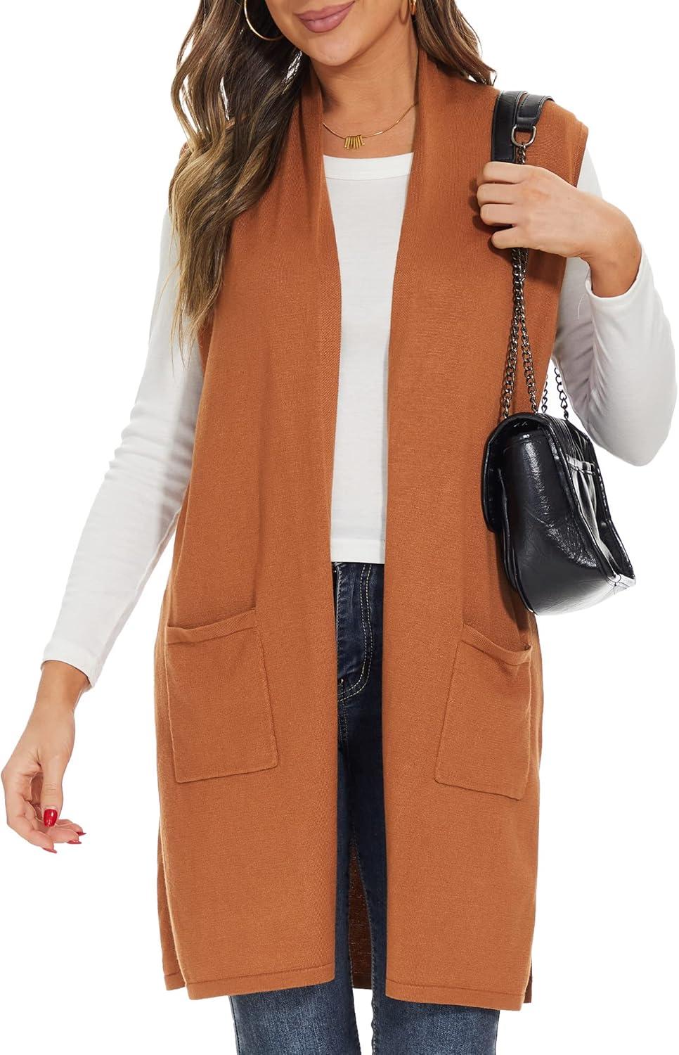 imageMoss Rose Womens Long Knit Cardigan Vest Casual Sleeveless Open Front Draped Duster Vest Available in Plus SizePocketorange