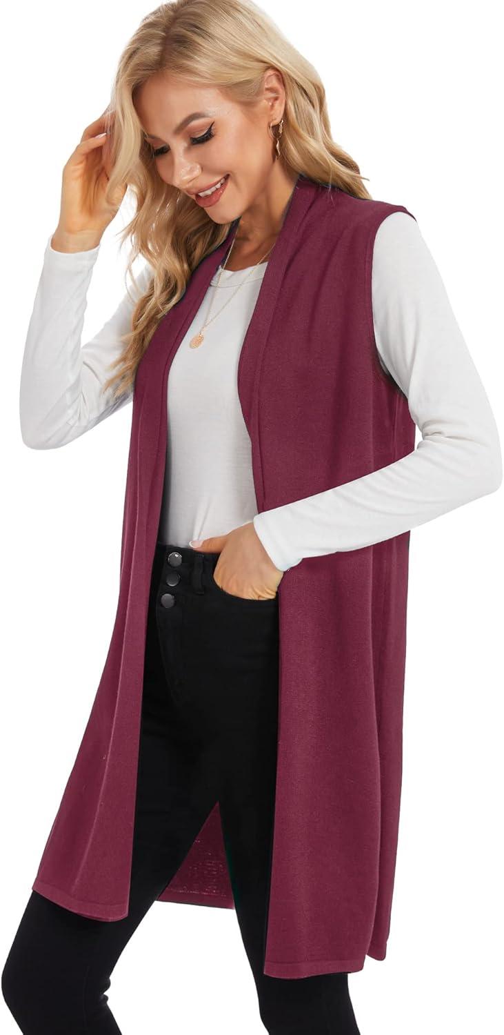 imageMoss Rose Womens Long Knit Cardigan Vest Casual Sleeveless Open Front Draped Duster Vest Available in Plus SizeWine Red