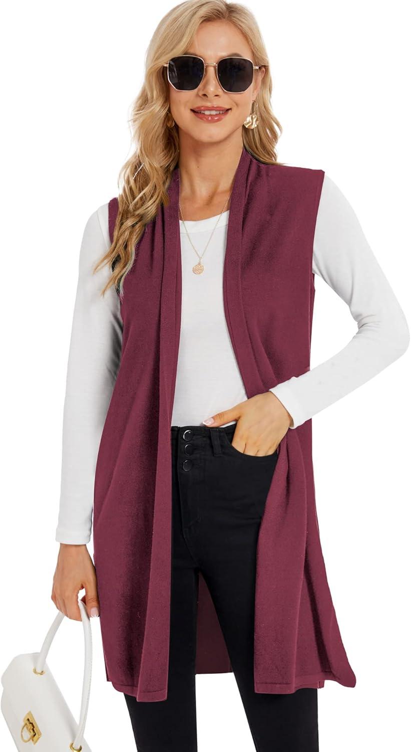 imageMoss Rose Womens Long Knit Cardigan Vest Casual Sleeveless Open Front Draped Duster Vest Available in Plus SizeWine Red