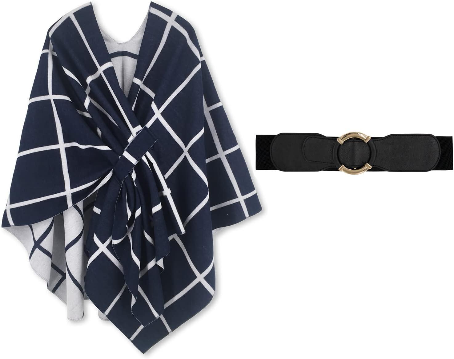 imageMoss Rose Womens Shawl Wrap Poncho Ruana Cape Open Front Cardigan Shawls for Fall WinterA Navy and White With Belt