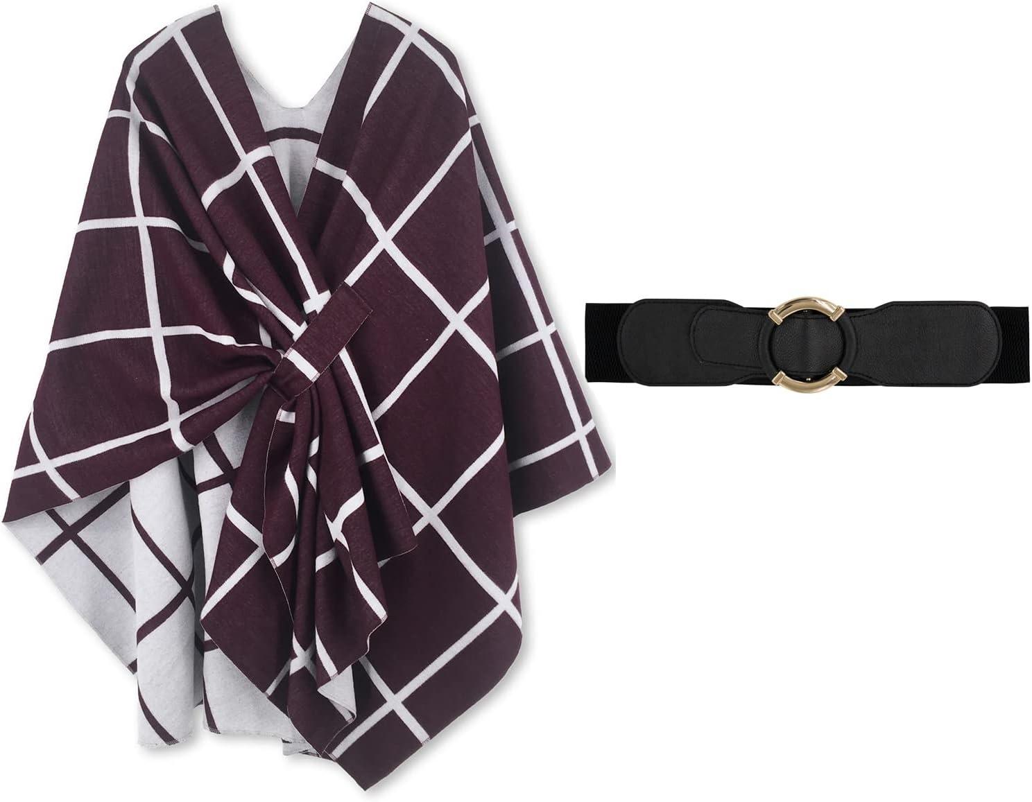 imageMoss Rose Womens Shawl Wrap Poncho Ruana Cape Open Front Cardigan Shawls for Fall WinterA Wine and White With Belt
