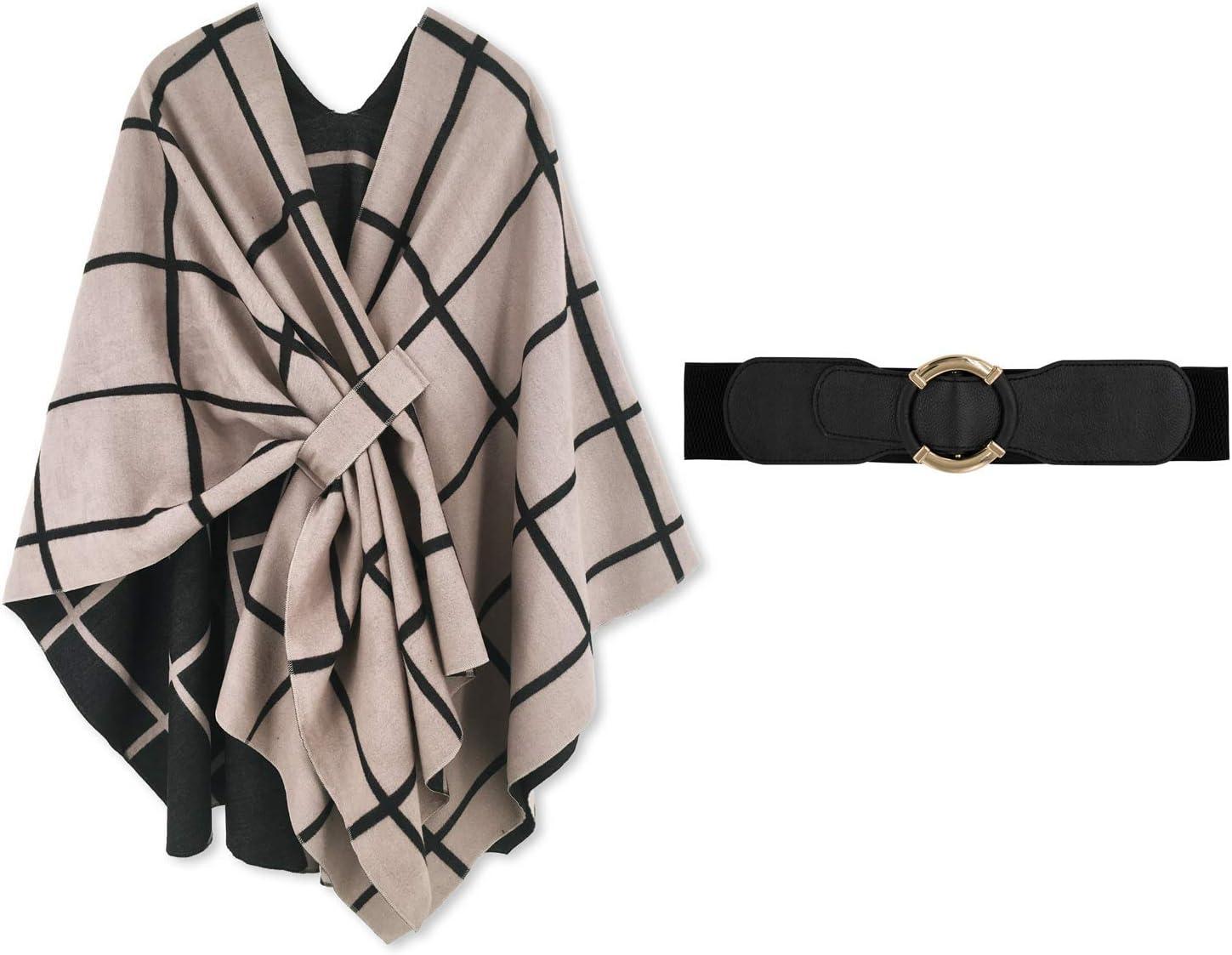imageMoss Rose Womens Shawl Wrap Poncho Ruana Cape Open Front Cardigan Shawls for Fall WinterAz Black and Khaki With Belt