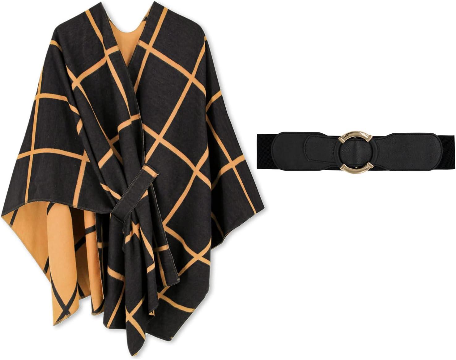 imageMoss Rose Womens Shawl Wrap Poncho Ruana Cape Open Front Cardigan Shawls for Fall WinterAz Black and Sandstone With Belt1