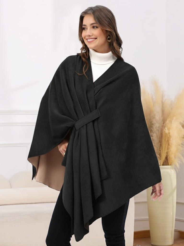 imageMoss Rose Womens Shawl Wrap Poncho Ruana Cape Open Front Cardigan Shawls for Fall WinterAz Tortilla Black
