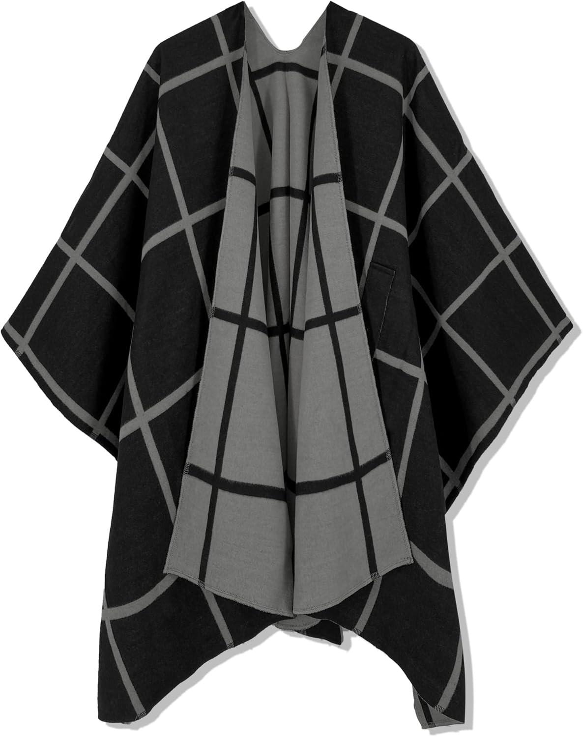 imageMoss Rose Womens Shawl Wrap Poncho Ruana Cape Open Front Cardigan Shawls for Fall WinterBlack Plaid