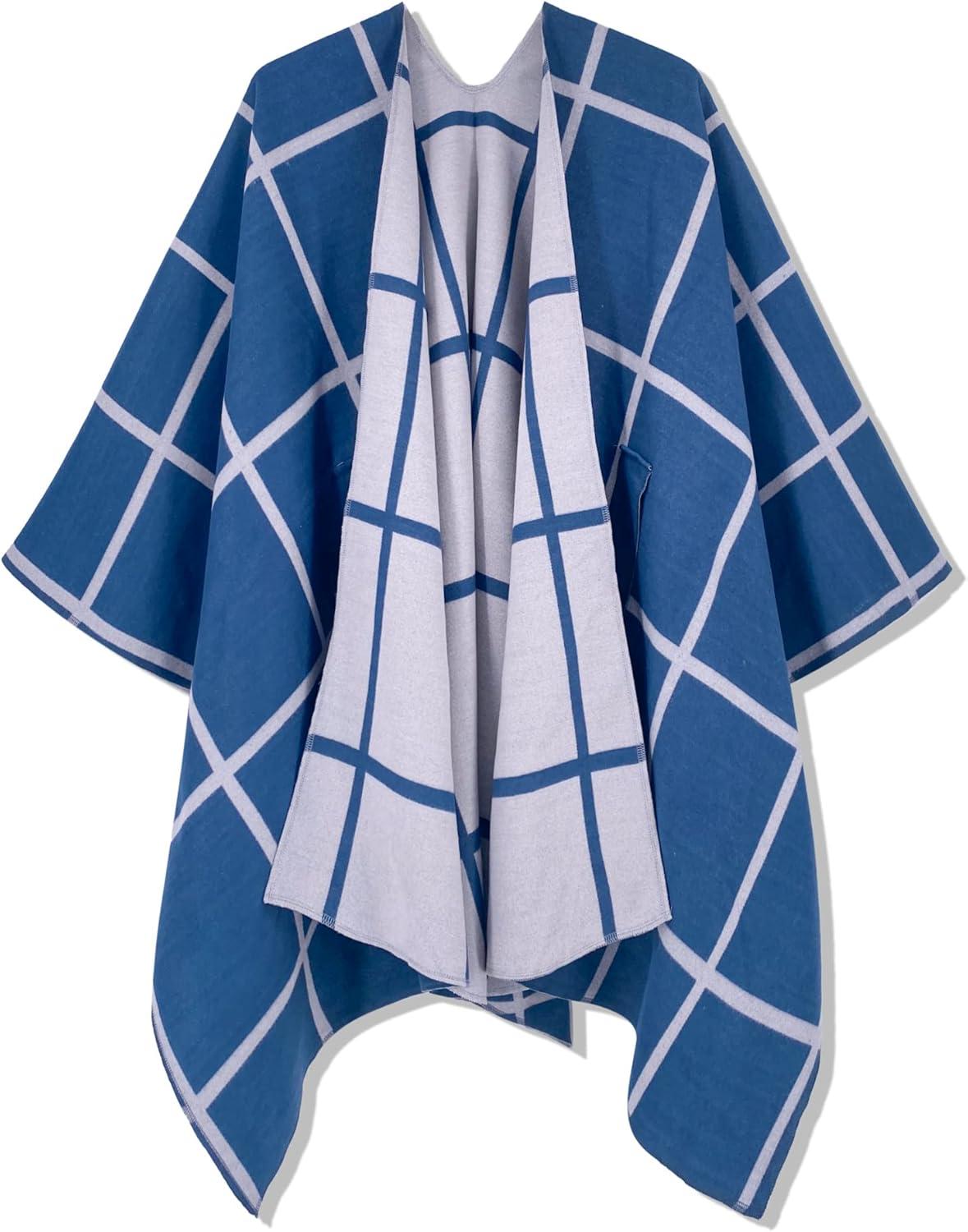 imageMoss Rose Womens Shawl Wrap Poncho Ruana Cape Open Front Cardigan Shawls for Fall WinterBlue Plaid