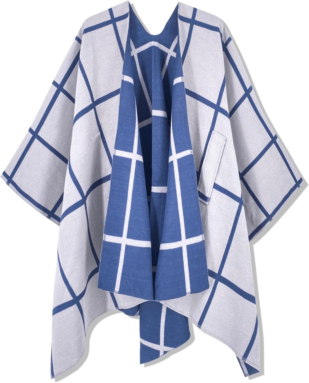 imageMoss Rose Womens Shawl Wrap Poncho Ruana Cape Open Front Cardigan Shawls for Fall WinterBlue Plaid