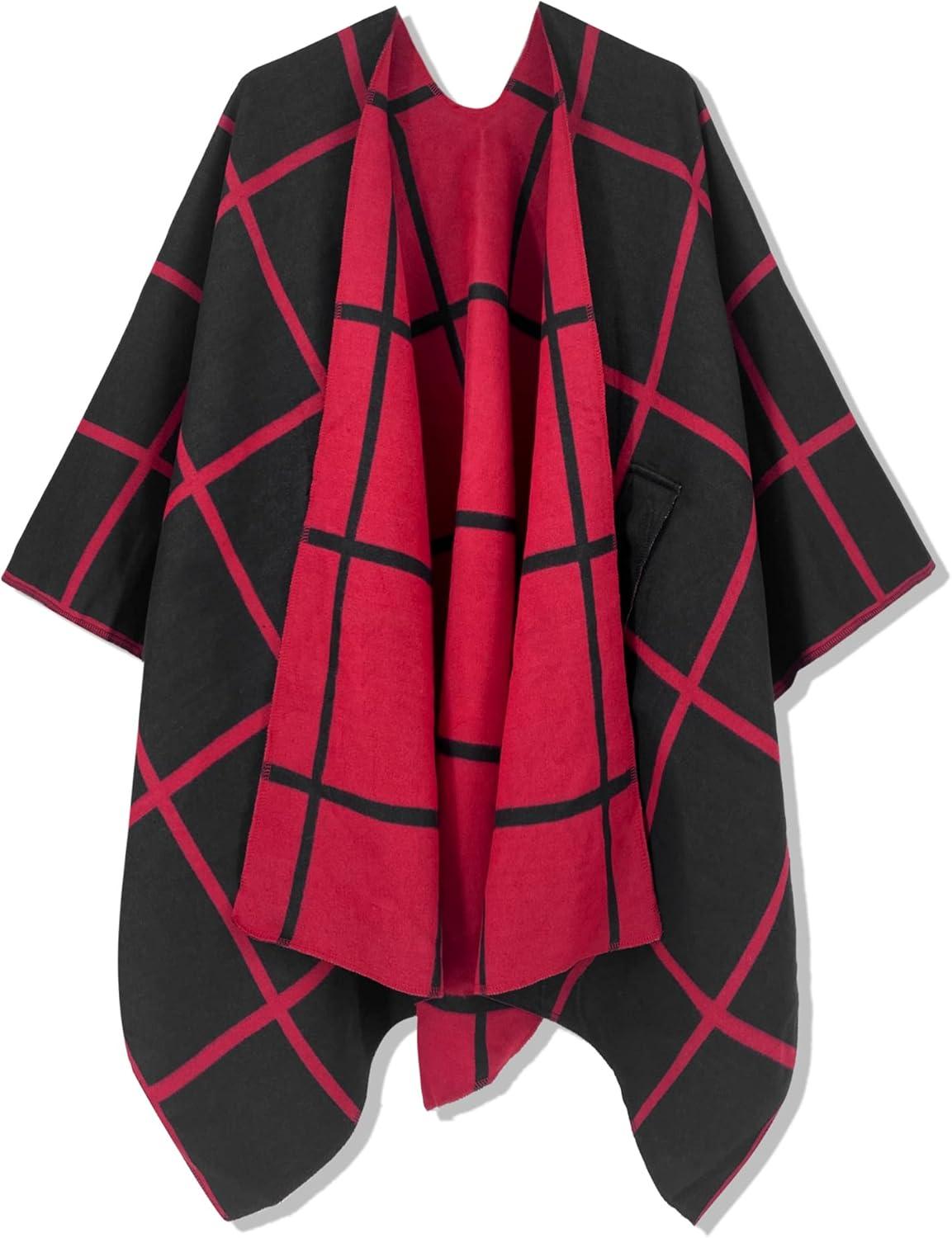 imageMoss Rose Womens Shawl Wrap Poncho Ruana Cape Open Front Cardigan Shawls for Fall WinterRedblack