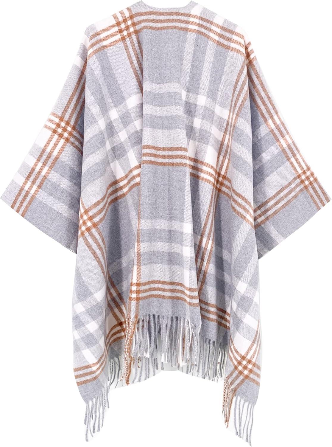 imageMoss Rose Womens Travel Plaid Shawl Wrap Open Front Poncho Cape for Fall WinterA Glacier Grey