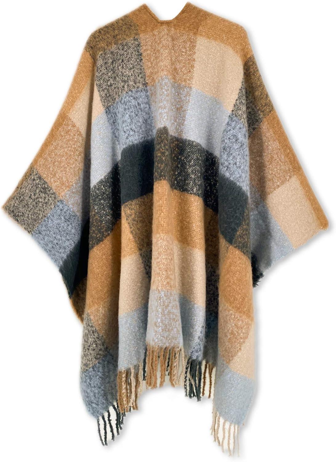 imageMoss Rose Womens Travel Plaid Shawl Wrap Open Front Poncho Cape for Fall WinterB Airy Grey