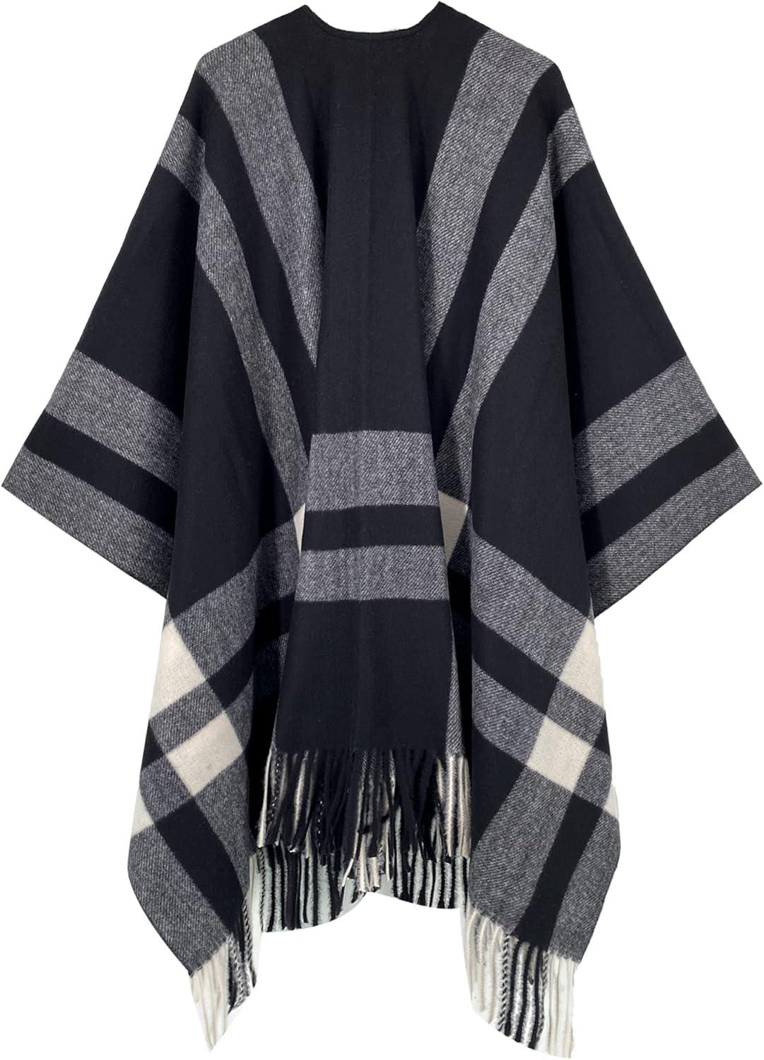 imageMoss Rose Womens Travel Plaid Shawl Wrap Open Front Poncho Cape for Fall WinterB Midnight Beige