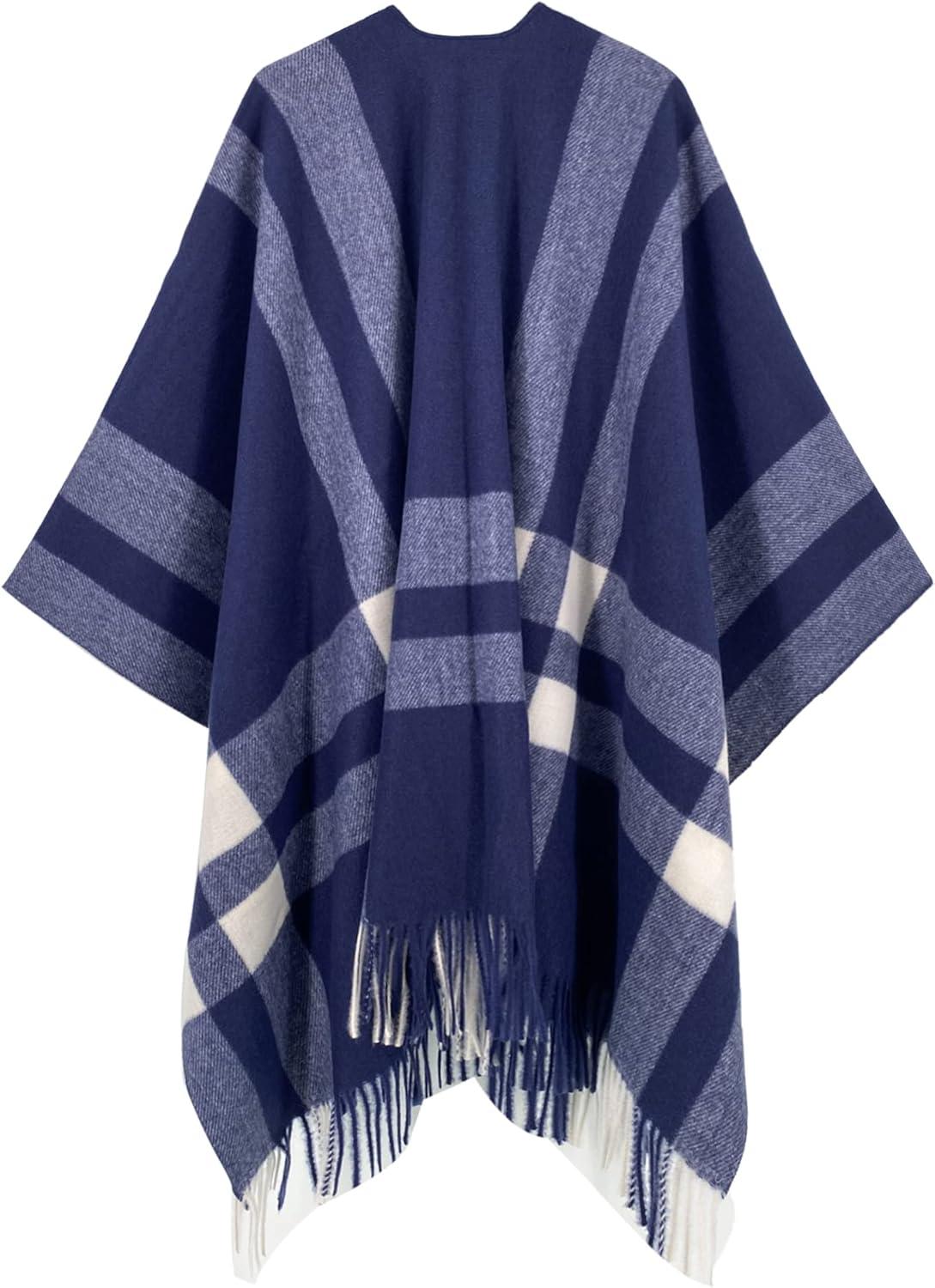 imageMoss Rose Womens Travel Plaid Shawl Wrap Open Front Poncho Cape for Fall WinterB Navy Blue