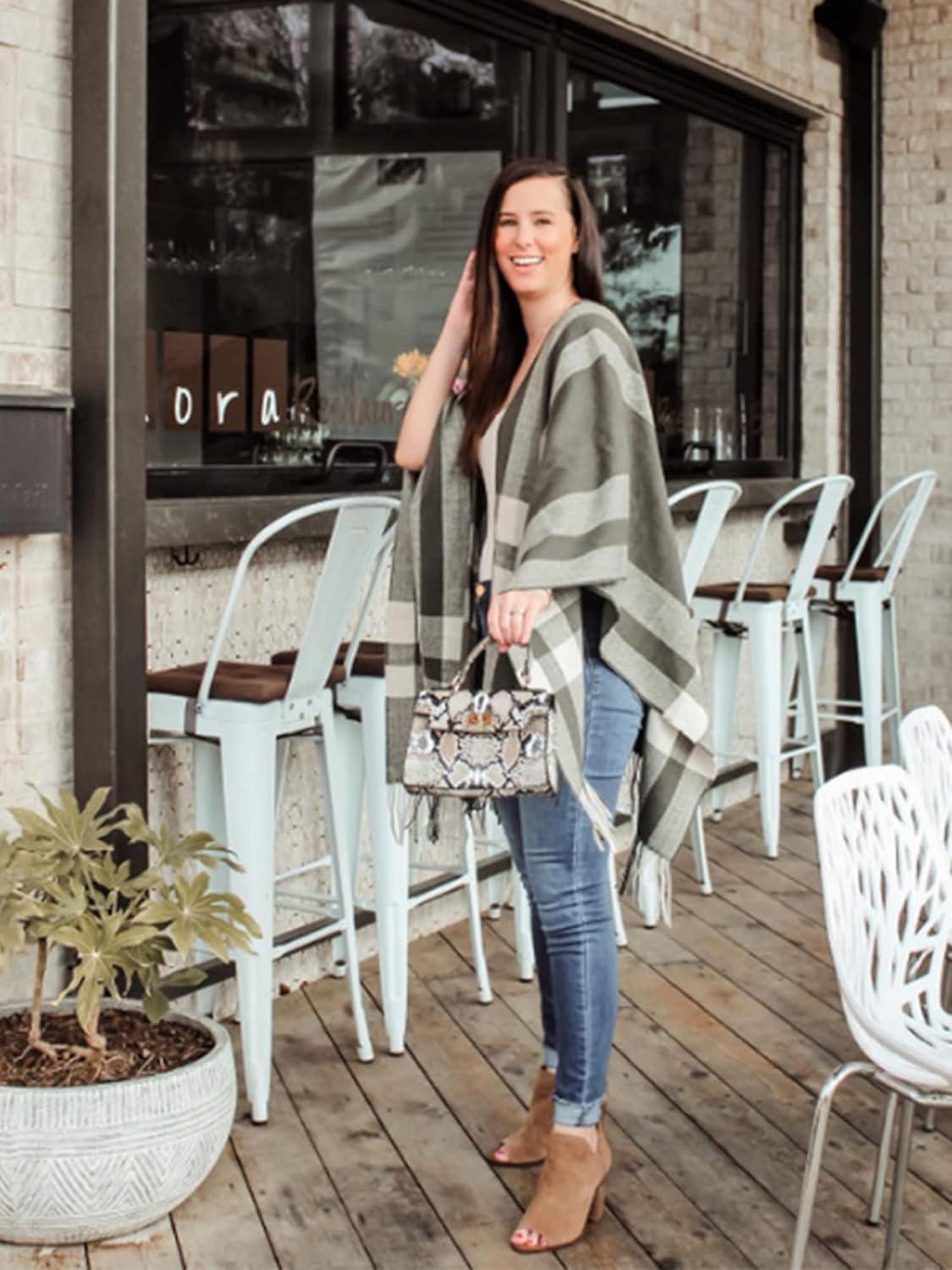 imageMoss Rose Womens Travel Plaid Shawl Wrap Open Front Poncho Cape for Fall WinterB Olive