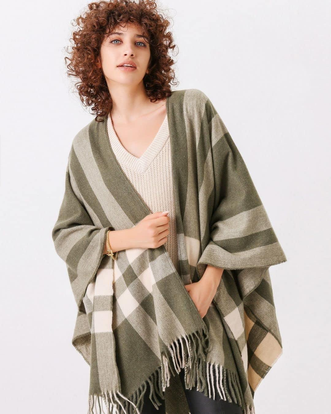 imageMoss Rose Womens Travel Plaid Shawl Wrap Open Front Poncho Cape for Fall WinterB Olive